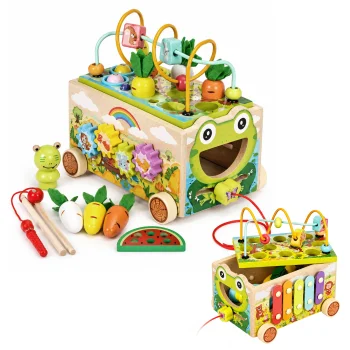 ECOTOYS medinis edukacinis kubas Varlė 8in1 su ratukais, ksilofonu ir rūšiuokle