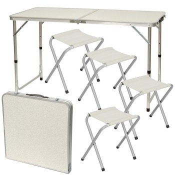 Folding Camping Table Set with 4 Chairs, Cream