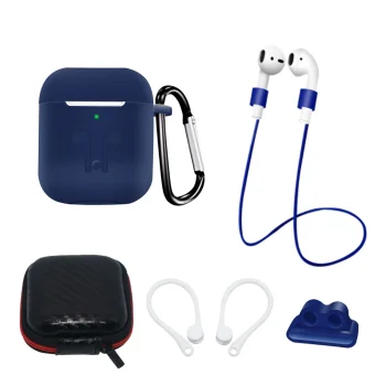 Priedų rinkinys ausinėms AirPods 2 / AirPods 1 su silikoniniu dėklu ir laikikliais, mėlynas