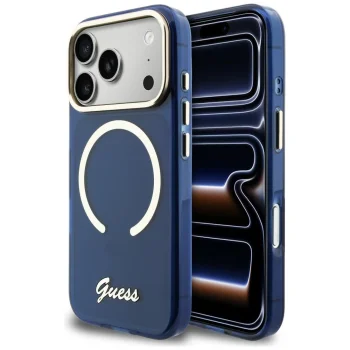 Guess IML Script Metal MagSafe Case for iPhone 17 Pro Max, Blue