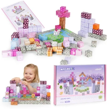 Multistore Magnetic Building Blocks for Kids, 140 Pieces, Pink