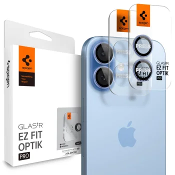 Spigen Optik Pro GLAS.TR EZ Fit kameros apsauginis stiklas (2 vnt.) iPhone 16 / 16 Plus / 17, mėlynas
