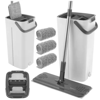 Ruhhy 27231 Dual-Chamber Flat Mop and 8.5L Bucket Set with 3 Pads