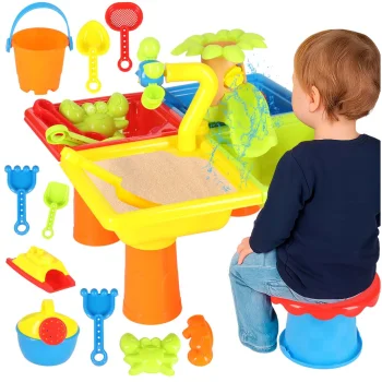 2-in-1 Water and Sand Play Table with Accessories and Stool