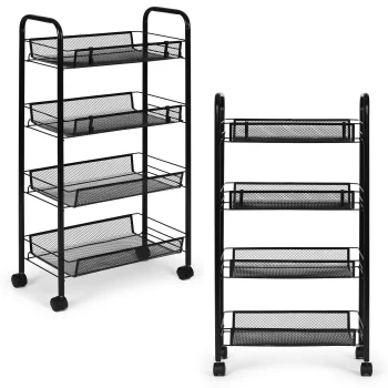 ModernHome Mobile Metal Storage Rack on Wheels with 4 Shelves, Black
