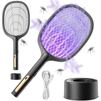 Electric Fly Swatter with UV Lamp and Stand, Black