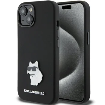 Karl Lagerfeld iPhone 15 Plus Case Silicone Metal Pin, Black