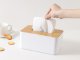 Tissue Box Holder with Bamboo Lid, Modern Dispenser for Bathroom and Office, White