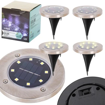 Solar Ground Garden Lights, 8 LED, Warm White, 4 Pcs
