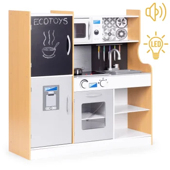 Wooden play kitchen for kids with sound, LED, chalkboard, metal accessories, ECOTOYS, 3+ years