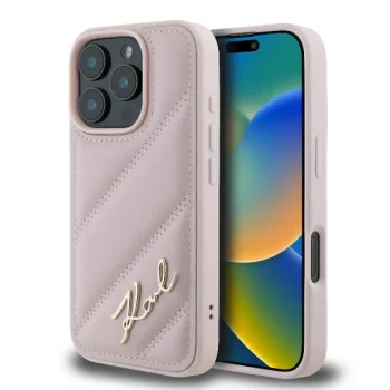 Karl Lagerfeld iPhone 16 Pro Case Diagonal Quilted Script, Pink