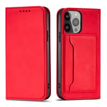 Atverčiamasis dėklas iPhone 14 Plus Magnet Card Case su piniginės ir stovo funkcija, raudonas