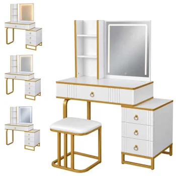Dressing Table with LED Mirror, Cabinet and Stool, White with Gold Accents