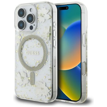 Guess Resin Flowers Glitter MagSafe iPhone 16 Pro Max Case - Beige