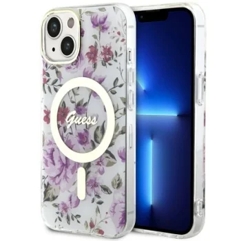 Guess iPhone 14 Plus Case Flower MagSafe, Transparent