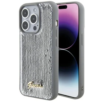 Guess iPhone 15 Pro Max Case Sequin Script Metal, Silver