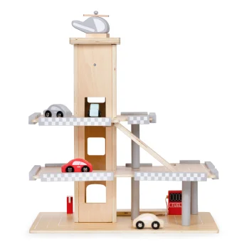 Ecotoys W04B047B Wooden Parking Garage with Elevator & Cars