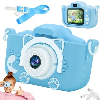 Vaikiškas fotoaparatas su silikoniniu dėklu Cat 1080P, mėlynas