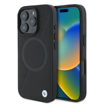 BMW iPhone 16 Pro Case Signature Leather Half Textured MagSafe, Black