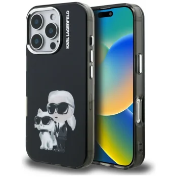 Karl Lagerfeld IML Aquarelle Karl & Choupette dėklas iPhone 16 Pro, juodas