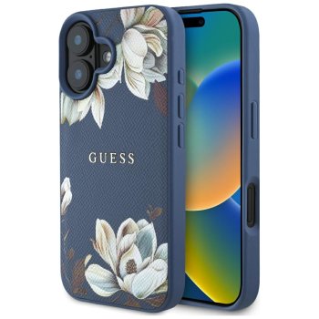 Guess Grained Printed Flower Pattern MagSafe Case for iPhone 16 Blue