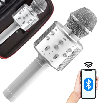 Wireless Bluetooth Karaoke Microphone with Speaker and Case, Silver