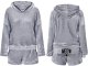 Warm Plush Hooded Pyjama Set for Women with Shorts, Size L, Grey