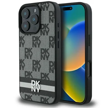 Dkny iPhone 16 Pro Max Case Checkered Pattern & Printed Stripes, Black