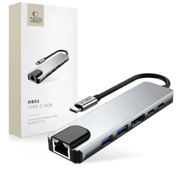 USB-C HUB Adapter Tech-Protect HB02 6in1 HDMI 4K RJ45 PD100W Gray