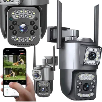 Dual Lens Outdoor Rotating IP Security Camera 4G RJ45 6MP Black