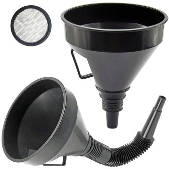 Large fuel and oil funnel with strainer, black