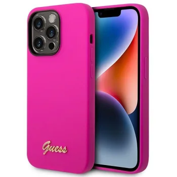 Guess Silicone Vintage Gold Logo Case for iPhone 14 Pro Max, Fuchsia
