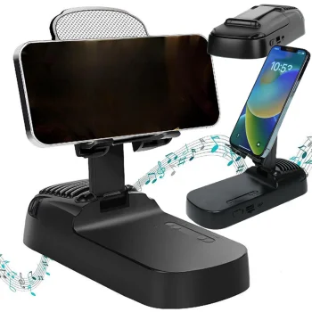 Telescopic Phone Stand with Bluetooth Speaker and Power Bank, Black