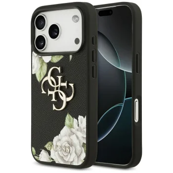Guess Grained Roses & Big 4G Logo iPhone 17 Pro Case - Black