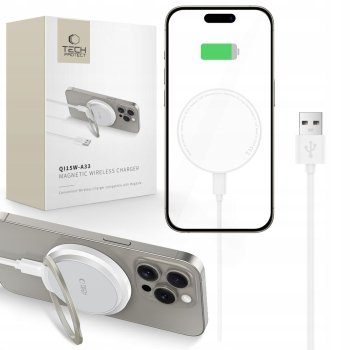 Tech-Protect QI15W-A33 Inductive Charger with MagSafe and Stand with USB-A / USB-C Cable - White