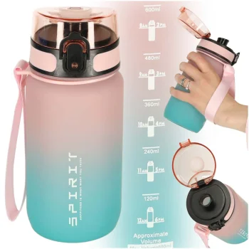 Sport Water Bottle with Straw and Time Marker 600ml Pink-Blue