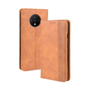 OnePlus 7T Vintage Style Magnetic Leather Wallet Protective Case Cover, Brown