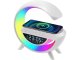 RGB LED desk lamp with Bluetooth speaker, FM radio, alarm clock and 15W wireless charger