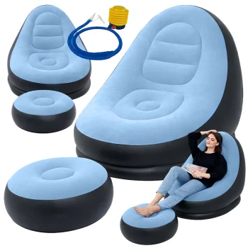 Inflatable Lounge Chair with Ottoman, Comfortable Blow Up Armchair for Home or Patio, Blue