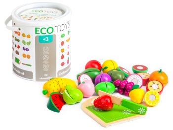 ECOTOYS Wooden Cutting Play Food Fruit Set 20 Pieces for Toddlers