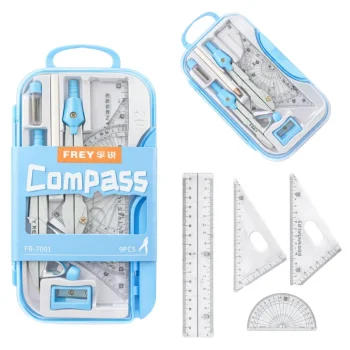 Geometry Set with Compasses and Rulers in Case, 9 Pieces, Blue
