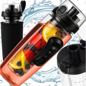 Trizand Water Bottle with Fruit Infuser and Sleeve 1L, Black/Clear