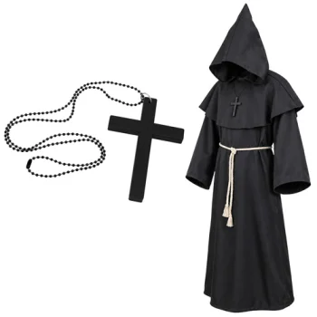 Glimz Monk Costume for Halloween with Hood, Cord and Cross, 130 cm, Black