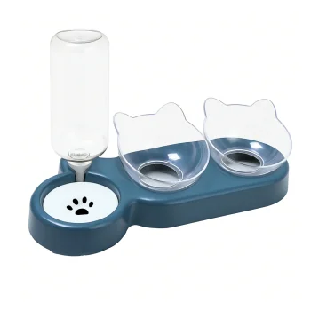 Double Pet Bowl with Water Dispenser, Blue