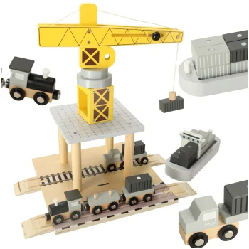 Wooden Seaport Toy Set with Crane and Ship KX3774