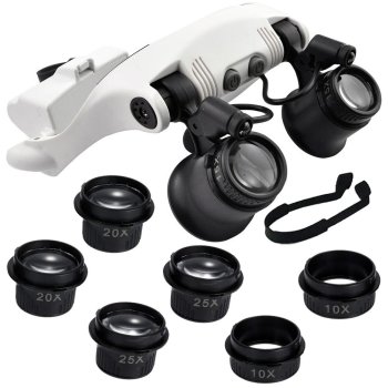 Head Magnifier Glasses with 2 LED Lights for Watch Repair 10x-25x