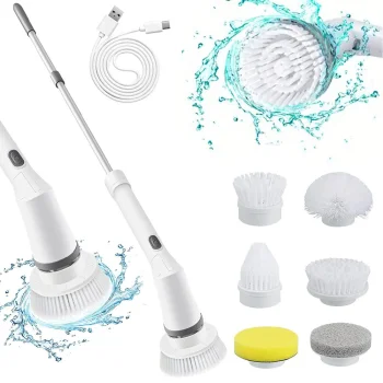 Electric Spin Scrubber Cleaning Brush with 6 Brush Heads, 110 cm