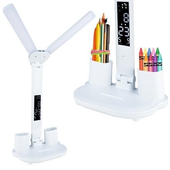 Folding LED Desk Lamp with Thermometer, Clock and Pen Holder