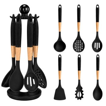 Black Silicone Kitchen Utensils Set with Stand, 6 Pieces