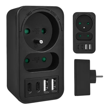 Tinklo šakotuvas Maclean MCE249 F/B 2 lizdai, 2x USB-A 18W, 2x USB-C PD 20W, juodas